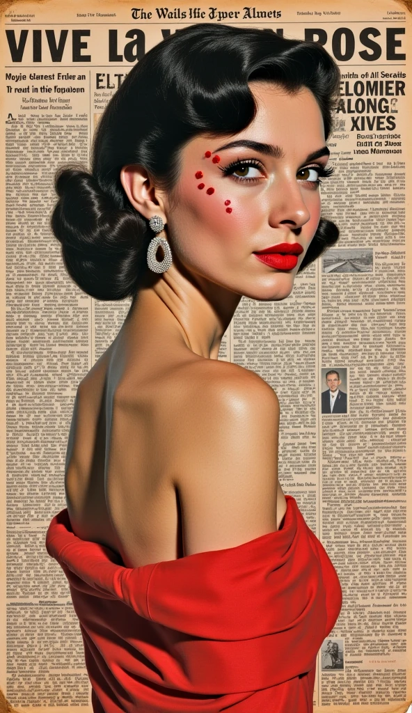 Vive la Vie En Rose: A nostalgic masterpiece blending high-quality collage art with 1960s retro flair. Set against a faded paper texture, a vintage newspaper article dominates the composition, featuring a stunning woman in the center, à la French New Wave cinema. Flickering old movie film effects dance across her elegant face, while stylish fashion and artistic flair infuse every curve of her figure. Retro accents abound, transporting viewers to an era of cinematic romance and timeless beauty.