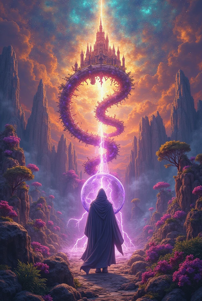 make album art for InFamous Alchemist the artist // Letters in capitol say InFamous Alchemist in album art // floating crystal temples in a nebula of color, gold ouroboros portal, have a King Ghidorah have the cloaked wizard looking up gaining electrical purple, with the bubble floating over an alien landscape, bizarre plants, vivid hues, imaginative, extraterrestrial, vibrant.