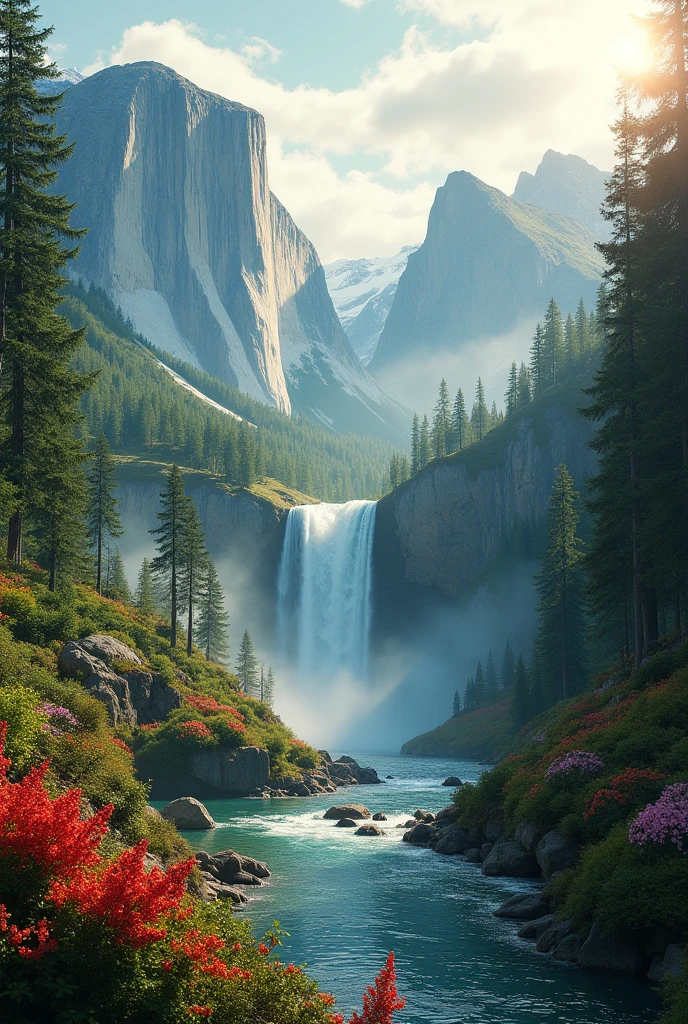 A breathtaking natural mountain valley with a majestic waterfall flowing into a serene river below, surrounded by tall cliffs and mist. Blooming vibrant red and pink flowers in the foreground, lush green trees on both sides, pine trees on the hills, and soft golden sunlight streaming through the mountains at sunrise. Ultra-realistic, high-detail, 4K resolution, photorealistic landscape."9.16
