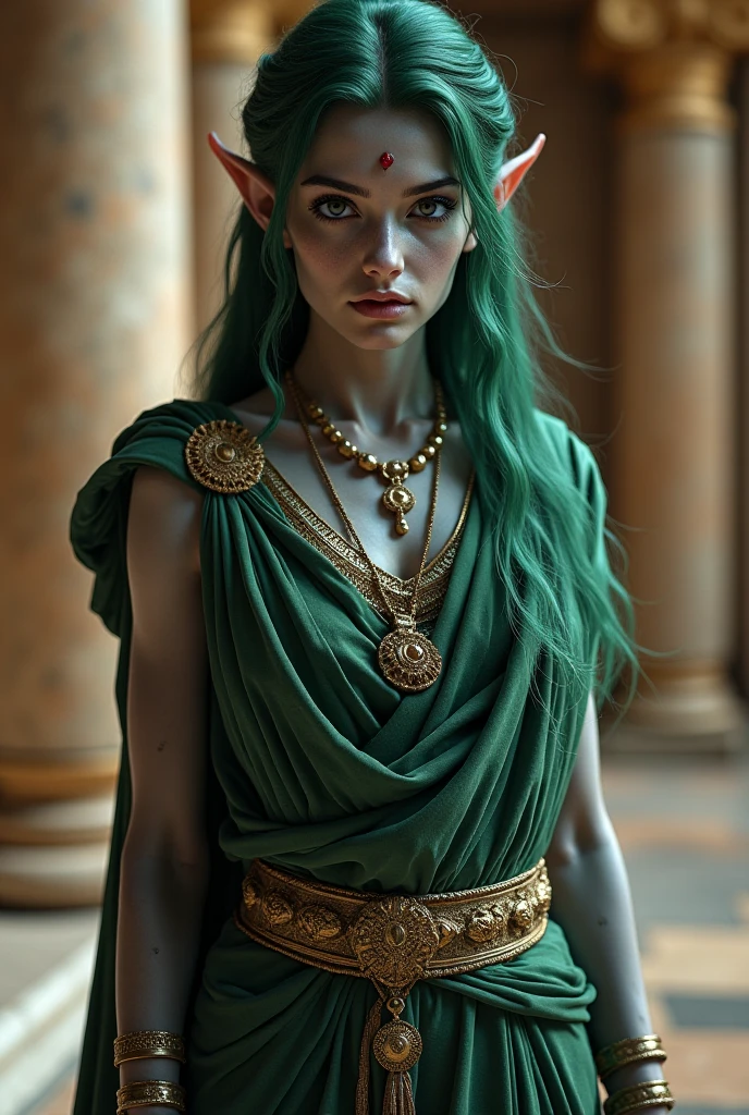 Upper body shot, a grey-skinned European woman, a dark elf, pointed elf ears, grey skin, forest-green hair, closed mouth, ancient Greek noble attire, Greek jewelry, dynamic pose, complex fantasy character, , cinematic lighting, fantasy, magic, detailed background, in an ancient Greek palace, best quality, HDR, 8k, photorealistic, RAW photo, highly detailed