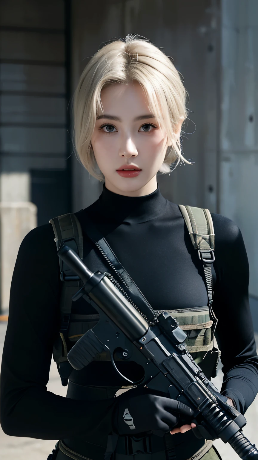 ((masterpiece, best quality)), ultra detailed, photorealistic, 8k uhd, subsurface scattering, volumetric lighting, portrait shot, dramatic cinematic lighting with rim light, porcelain skin, ((young caucasian woman, 20 years old, baby-faced features, determined expression)), athletic build, combat ready stance, direct eye contact with intensity, short windswept platinum blonde hair, highly detailed facial features with subtle freckles, fitted tactical high-tech bodysuit with carbon fiber panels, advanced military plate carrier with modular attachments, kevlar-reinforced gloves, illuminated tactical communication headset, urban warfare loadout in midnight blue and matte black, holding modernized assault rifle at ready position, fingers wrapped around grip with proper trigger discipline, industrial concrete background with faded military insignias and weathered textures, depth of field, RAW photo, soft volumetric fog, professional color grading