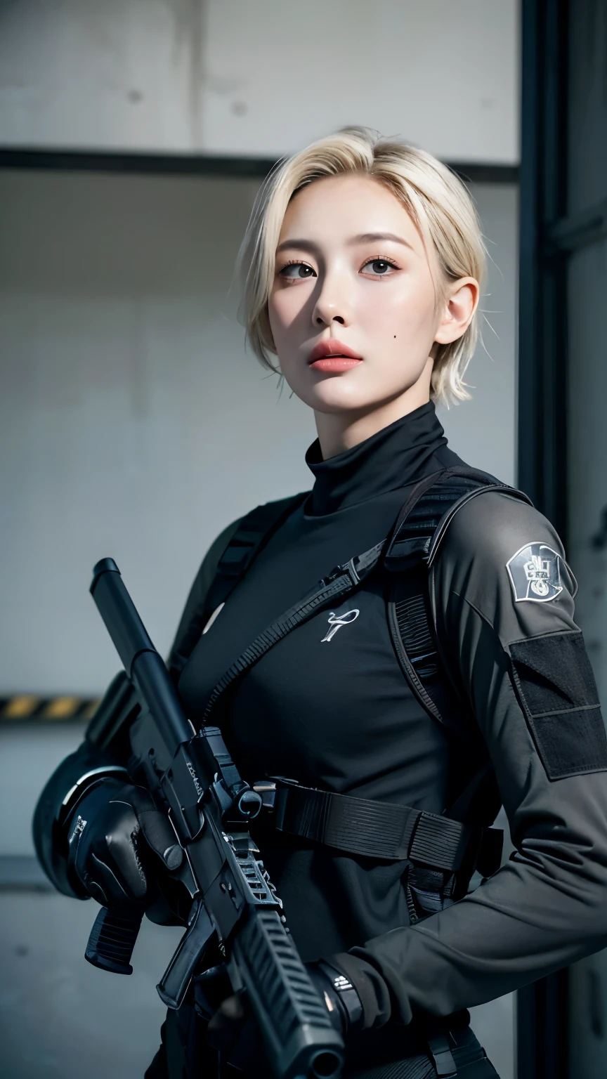 ((masterpiece, best quality)), ultra detailed, photorealistic, 8k uhd, subsurface scattering, volumetric lighting, portrait shot, dramatic cinematic lighting with rim light, porcelain skin, ((young caucasian woman, 20 years old, baby-faced features, determined expression)), athletic build, combat ready stance, direct eye contact with intensity, short windswept platinum blonde hair, highly detailed facial features with subtle freckles, fitted tactical high-tech bodysuit with carbon fiber panels, advanced military plate carrier with modular attachments, kevlar-reinforced gloves, illuminated tactical communication headset, urban warfare loadout in midnight blue and matte black, holding modernized assault rifle at ready position, fingers wrapped around grip with proper trigger discipline, industrial concrete background with faded military insignias and weathered textures, depth of field, RAW photo, soft volumetric fog, professional color grading