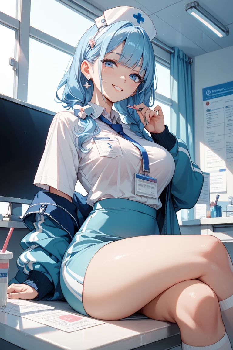 1girl, solo, ((white shirt)), black thighhighs, breasts, cleavage, uniform, office background, black skirt, pleated skirt, office,large breasts, looking at viewer, BLUE SEA HAIR, solo, thighhighs, thighs, very long hair, ((masterpiece)), sitting, chair, desk, computer on desk, name tag, id tag, indoor, blush, sexy pose,