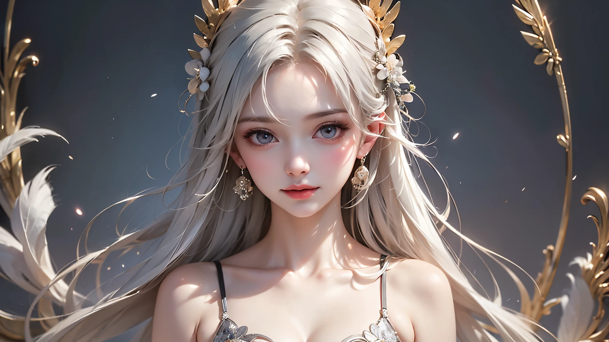 Night scene、(White Wings 1.2),(White feathers falling in the background 1.1)， （（masterpiece））， （detailed：1.4），Realistic、 Beautiful Woman Images，High resolution（High Dynamic Range），Ray Tracing，NVIDIA，Super Resolution，PBR Textures，Post-processing，Anisotropic Filtering，Maximum depth of field resolution and crisp layer textures，Albedo and Specular Maps，Surface Shading，Accurate simulation of material interactions，Perfect balance，Rendering with Octane，2-color light，Large Diameter，Low ISO，White balance，Rule 3 points、8K raw data、Backlight、（Gray hair that changes with light、Long bangs that block the view、Long, lustrous white hair、Smooth and straight hair、white hair fluttering in the wind、Beautiful bangs）、（Beautiful white and shining skin、Cheek gloss highlight、Sexy and very beautiful and adorable face、The most beautiful face in the world、Big, sparkling blue eyes）、（A cute 25 year old girl、Ample breasts、Small waist、delicate shoulders、Perfect figure）、Beautiful dress、From the side
