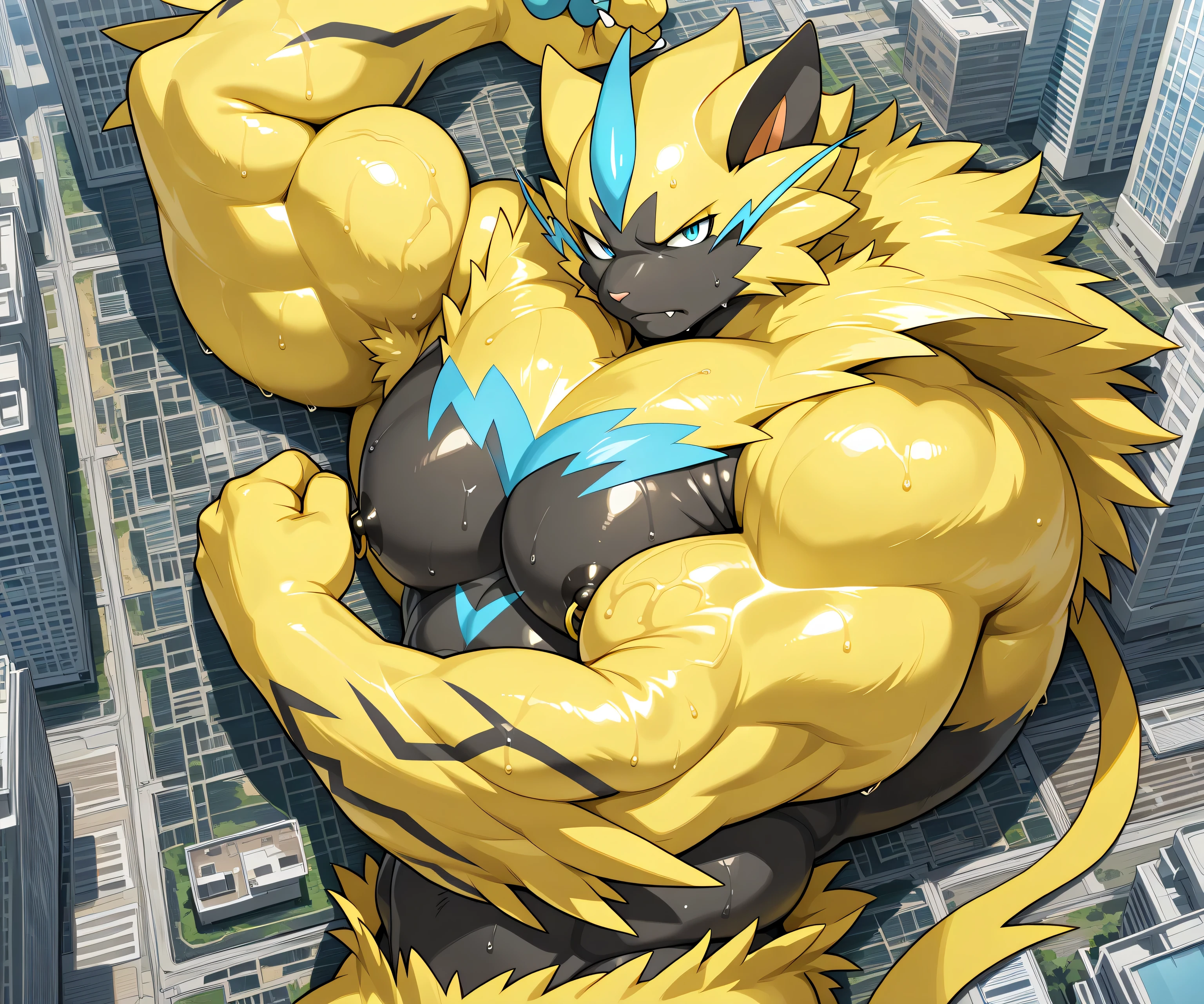 kemono, bara, solo, furry, Anthro, zeraora, male, tail, fangs on lips, muscular, posing, leaning backward, huge black nipples, golden nipple rings, broad shoulders, huge arms, broad chest, yellow fur on head, yellow fur on arms, detailed background, serious, scowl, one eyebrow raised, sweaty, high view, lying down, macro, city, looking at viewer, upper body shot, flexing an arm BREAK score_9_up, score_8_up, score_7_up, score_6_up, score_5_up, score_4_up BREAK by null-ghost