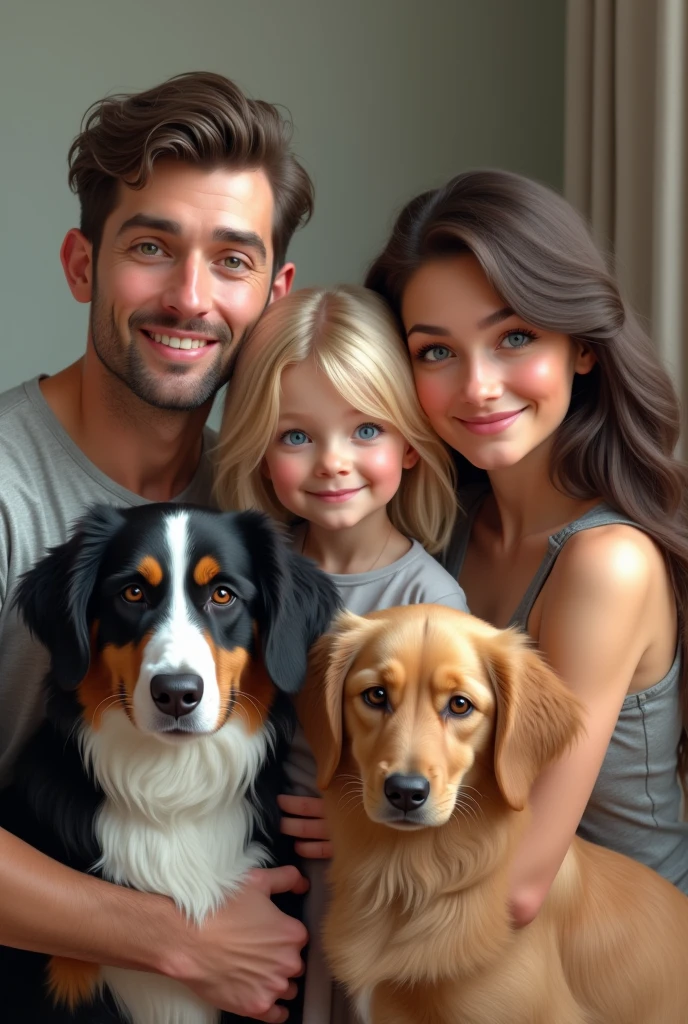 Man with beard and hat , woman with glasses and long black hair, a girl with green eyes and blonde hair and a baby with gray eyes and blonde hair, next to a white French poodle . All in a family photo