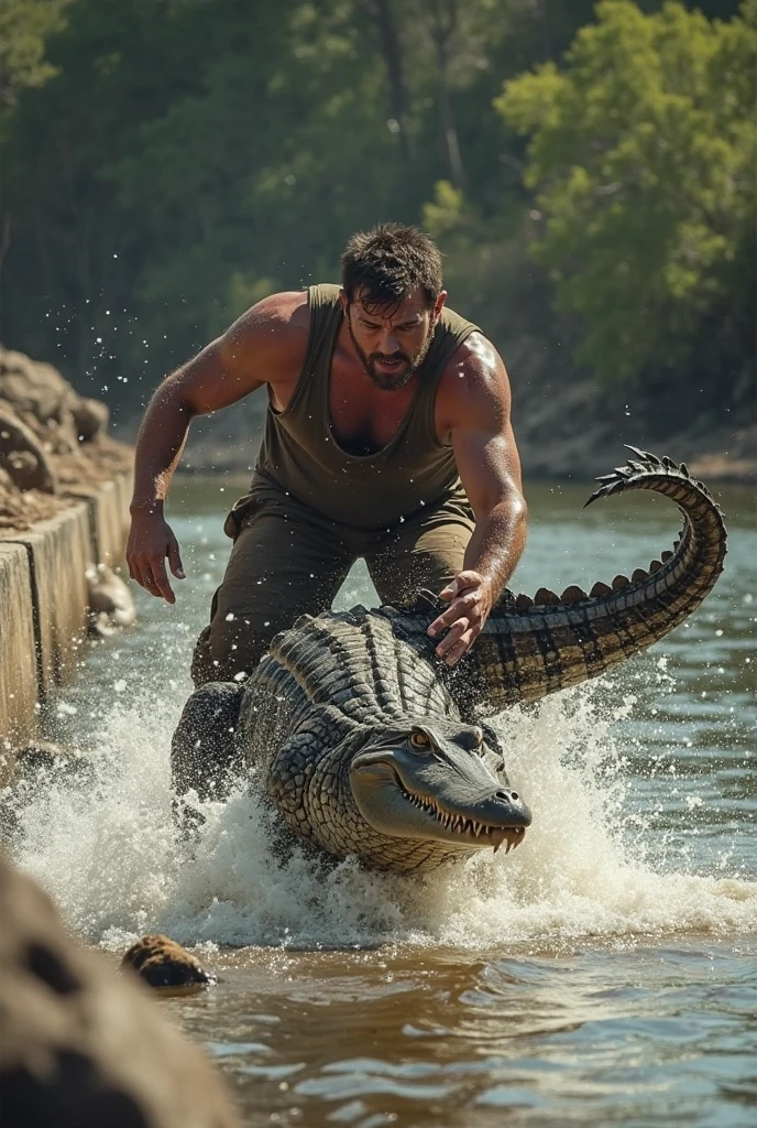 Create an AI-generated image that depicts a dramatic scene of a river with a visible above and below water perspective. Above the water, show two men helping to pull another man out of the river, with expressions of fear and urgency. Below the water, depict a large crocodile with its mouth open, showcasing its sharp teeth, swimming towards the group above. The surrounding environment is a dense forest with large trees and sprawling roots around the riverbank. The water is clear enough to see both the surface activity and the underwater threat in vivid detail.