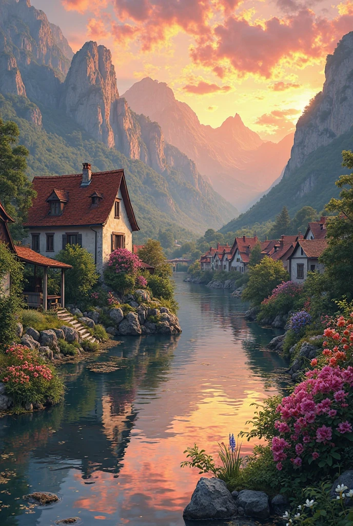 a small village by the river, mountains in the background, fleurs florales colorées,  detailed landscape , Beaux paysages naturels, atmospheric lighting, coucher de soleil brûlant, warm colors, pratique, photorealistic, Detailed foliage ,  complex buildings, Cobblestone street, Charming country house, bright swirling colors, lush vegetation,  Reflections of still water, Pittoresque, idyllique,  work of art, best quality, 8k, extremely detailed, style anime.