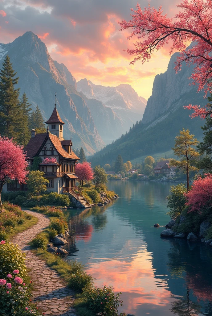 a small village by the river, mountains in the background, fleurs florales colorées,  detailed landscape , Beaux paysages naturels, atmospheric lighting, coucher de soleil brûlant, warm colors, pratique, photorealistic, Detailed foliage ,  complex buildings, Cobblestone street, Charming country house, bright swirling colors, lush vegetation,  Reflections of still water, Pittoresque, idyllique,  work of art, best quality, 8k, extremely detailed, style anime.