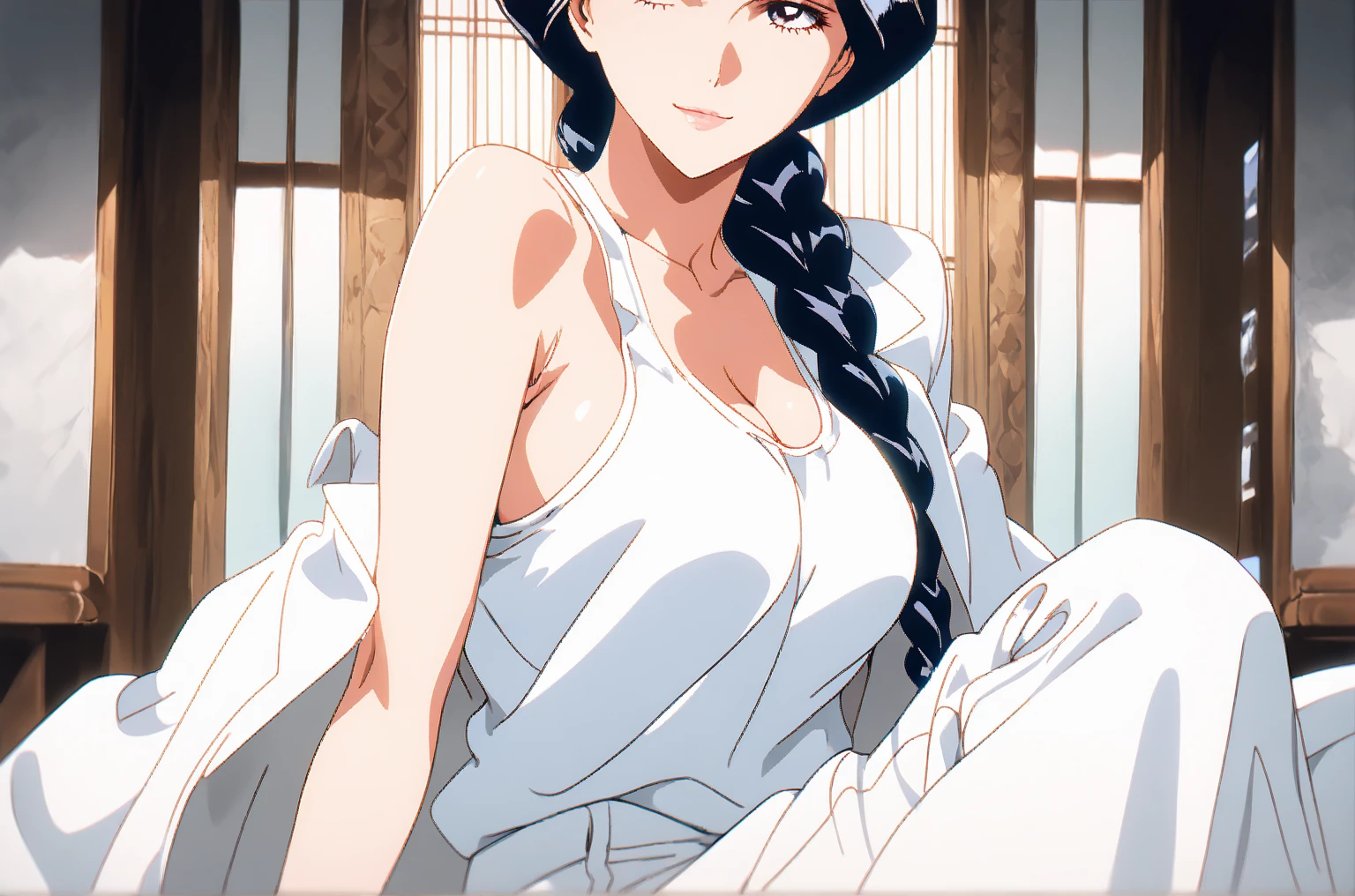 ((((Very nice smile))))、((Direct your gaze this way))、1 girl,NsfW,(one peace wanokuni edition)、((ponytail、Red ribbon on the tie)) 、((they say olobi))、((A very sexy mini kimono dress with a large slit、(((Kimono obi)))、(((The white kimono is decorated with purple iris flowers)))、((Wearing a black haori with a red lining)),Exposed underboob)):1.2, White costume,((Short costume)),nico robin,(ONEPIECE),((Huge breasts 1.8)), clavicle, Glowing purple eyes,absurdists, brainwashing,Hollow Eyes, ((Expressionless, Emotional removal)),avert your eyes , Full body portrait, Outdoor,Dim Alley,night, (highest quality、4K、8K、High resolution、Must have:1.2)、Very detailed、(reality、It is realistic.、Realistic:1.37)、ticker、hyper HD、Studio Lighting、Ultra High Definition Paint、Sharp focus、Physically Based Rendering、Extreme Detail、Professional specifications、Vibrancy and color、Blurred、Sports portrait、landscape、Horror Style、Anime Big Tits、sf、photograph、Concept Artist、Five Fingers, Perfect body, {{{masterpiece}}}, {{{highest quality}}}, {{Very detailed}}, {shape}, {{Very delicate and beautiful}},Improved cost performance、all roles、Canon 5D MK4でphotograph、photograph,