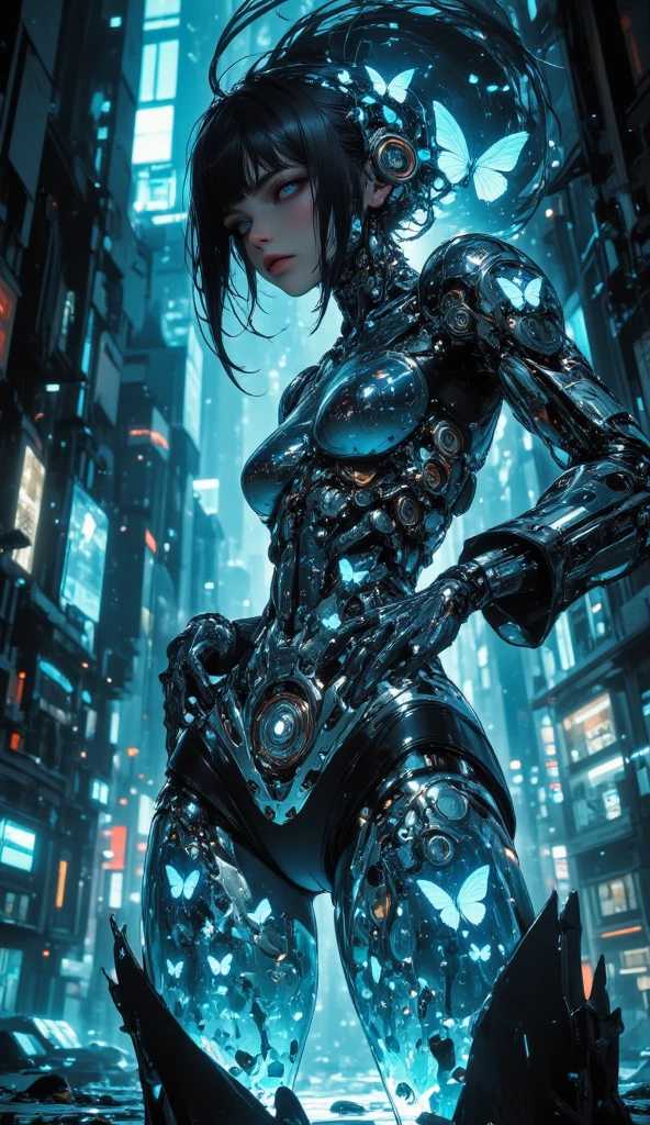 RAW quality, One girl, 14 years, Textured skin, Rear View, Rear view, Super detailed, Advanced Details, high quality, 最high quality, High resolution, 1080p, hard disk, beautiful,(Gundam),beautiful cyborg woman,largely,((Wearing Futuristic Transparent Reinforced Plastic Mechanical Parts。:1.4)), Bust top covered with transparent mechanism, Mechanically protected front crotch, Largely exposed bare skin, largely naked, Perfect proportions, Giant tit, (He carries a lot of weapons on his back.:1.4), (hero pose), full body shot, (Short-cut straight hair that looks beautiful in blue and white:1.4), collapsed building background, A city engulfed in flames, (The blue LED on the bust top glows strongly:1.4), Biologically correct,