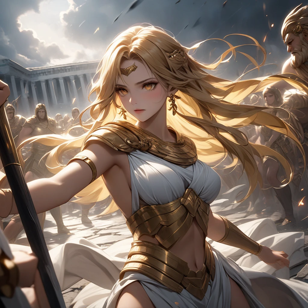 ((extreme quality)), ((Masterpiece)), ((Enrich the picture，Masterpiece level quality)), golden hair, long hair, medium breasts, golden eyes, fierce woman, ultra eyes details, RAW 4K, Realistically , ((great effect to highlight the subject)) , ( cinematic lighting, moody, textile shading), perfect proportions, ultra detailed, volumetric lighting, soft lighting, glossy skin, beautiful face, Special face details, strong emotions, elegant gesture, Detailed facial features, Long eyelashes, contrast, Incredible atmosphere, Fascinating setting, Haunting beauty , ear rings, Greek, ancient Greek, Zeus girl god, hips up, greek army, a lot greek army, Battlefield, war, god of war, Greek, Greek vs demon, top angle, Demon,