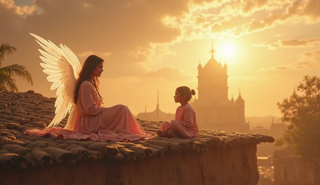 During the day, a beautiful angel, glowing with a soft, radiant light, sits on the roof of a mud-built house, talking to Mariyam. The sun shines brightly, casting a warm glow across the scene. The angel’s serene face reflects kindness and wisdom as she speaks to Mariyam, who is listening intently. Mariyam, dressed in her pink dress, sits beside the angel, her eyes wide with wonder and curiosity. The rustic surroundings of the mud house, with its simple charm, add to the magic of the moment. The peaceful atmosphere of the village, along with the soft breeze, creates a serene setting for this extraordinary conversation between the angel and the young girl.
