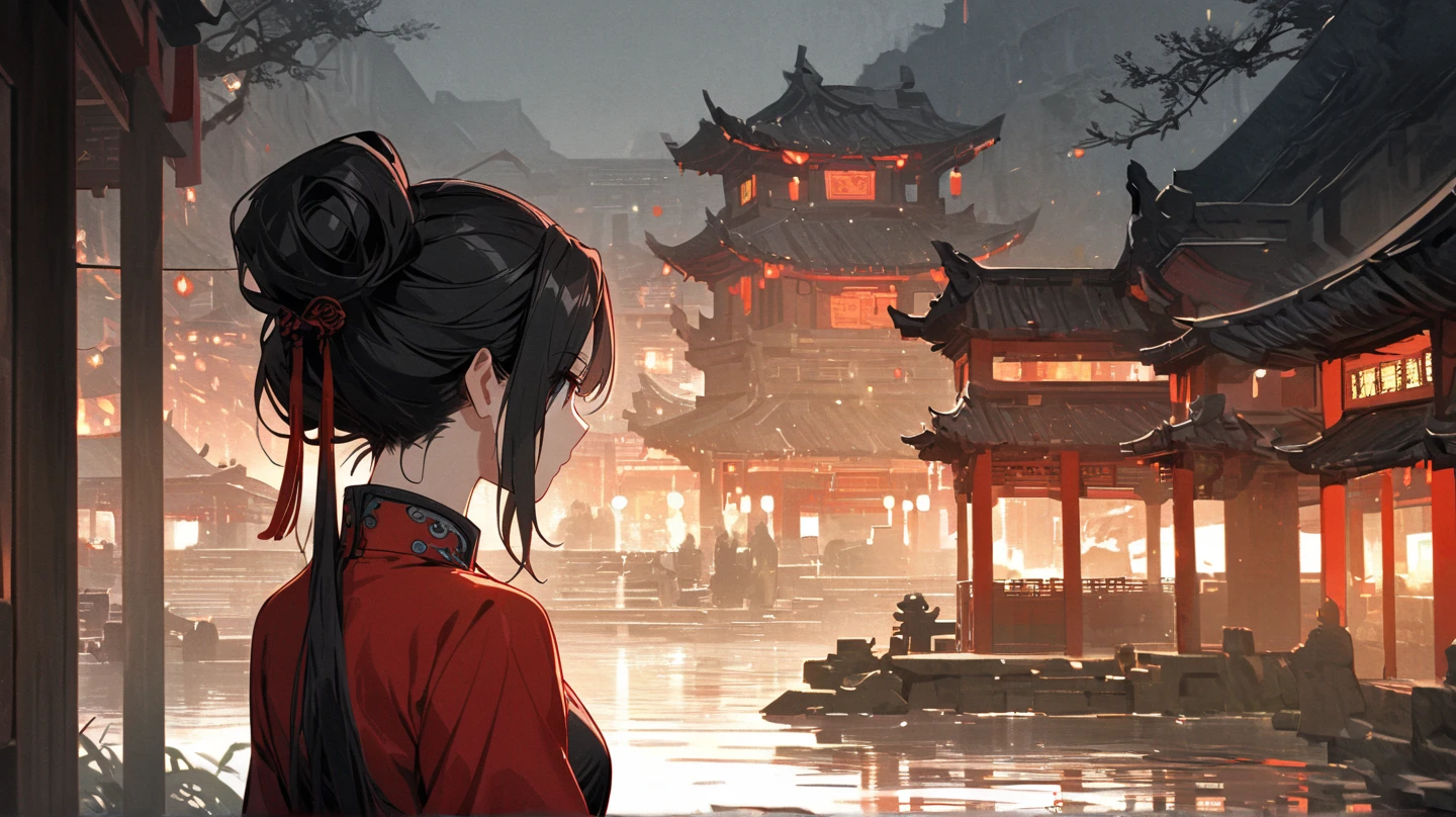 A woman，Watching the view，Long black hair，Red robe，Long white gloves are worn on the elbows，Chinese Ancient Architecture，