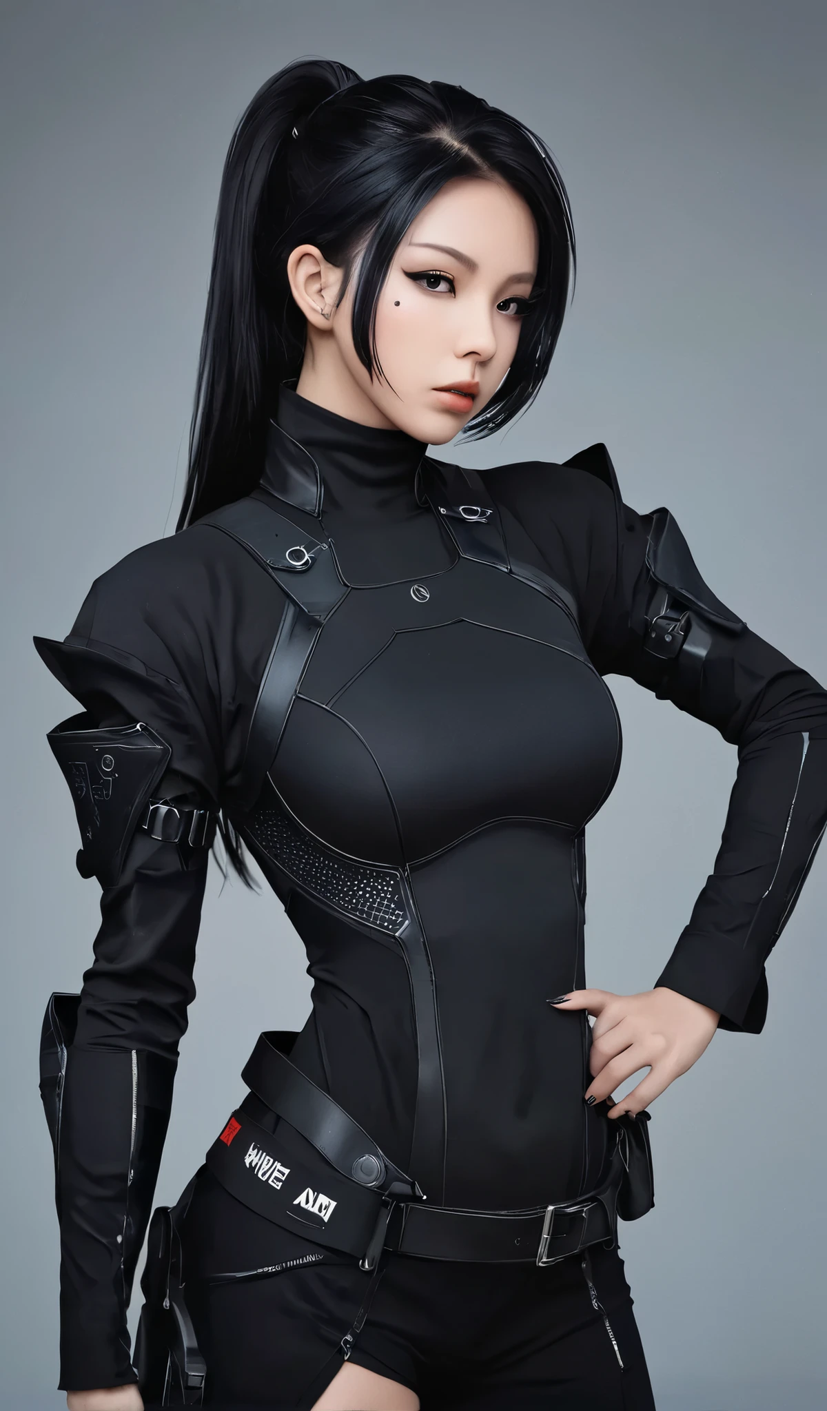 Woman in black with mask and all black cyberpunk clothes, wearing tech outfit and armor, photo of a woman in tech gear, dark sci-fi outfit, cyberpunk outfit, female assassin, futuristic tech costume, cyberpunk fashion clothes, jet black hair cyberpunk girl, cyberpunk clothes, cyberpunk outfit, tech fashion, in dark and light space soldier costume