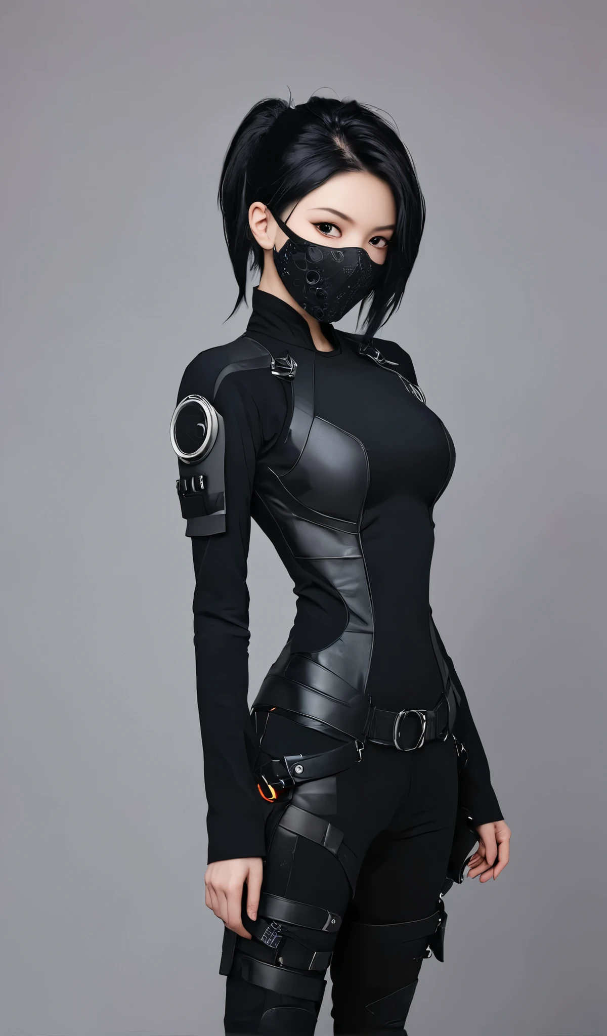 Woman in black with mask and all black cyberpunk clothes, wearing tech outfit and armor, photo of a woman in tech gear, dark sci-fi outfit, cyberpunk outfit, female assassin, futuristic tech costume, cyberpunk fashion clothes, jet black hair cyberpunk girl, cyberpunk clothes, cyberpunk outfit, tech fashion, in dark and light space soldier costume