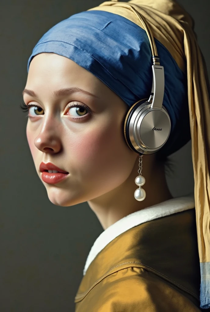 Make me an image with the painting of the young woman with a pearl earring wearing Airpods Max 