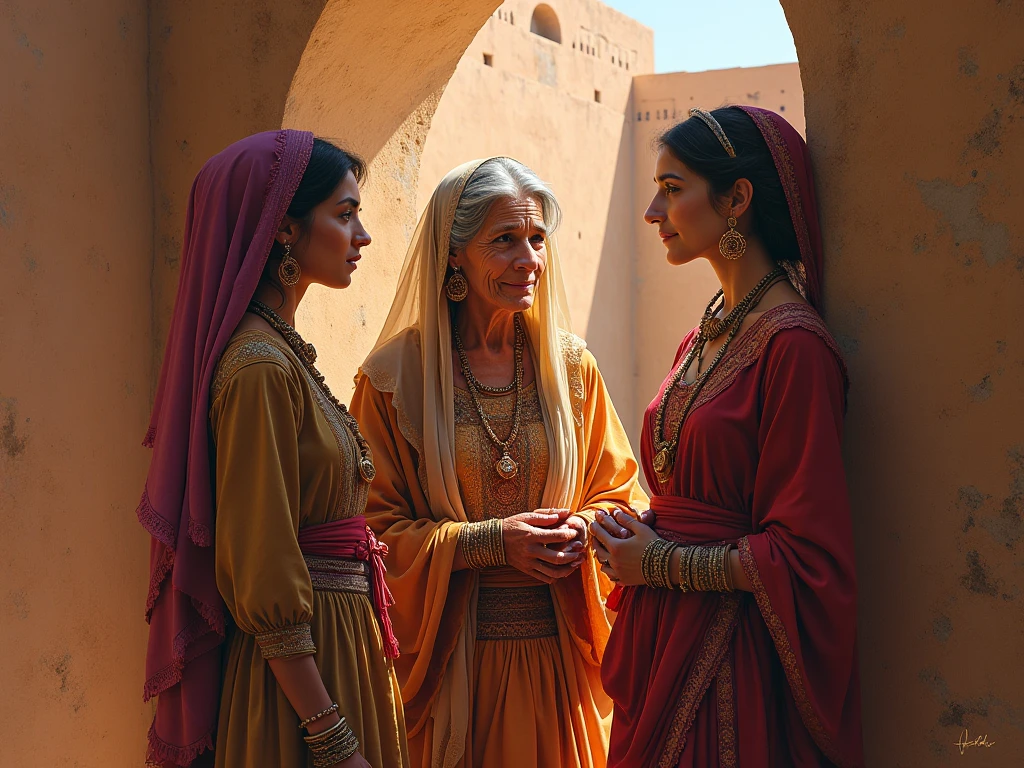 An old woman in traditional Moroccan dress talking to two young women in traditional Moroccan dress in a traditional Moroccan mud house from ancient times