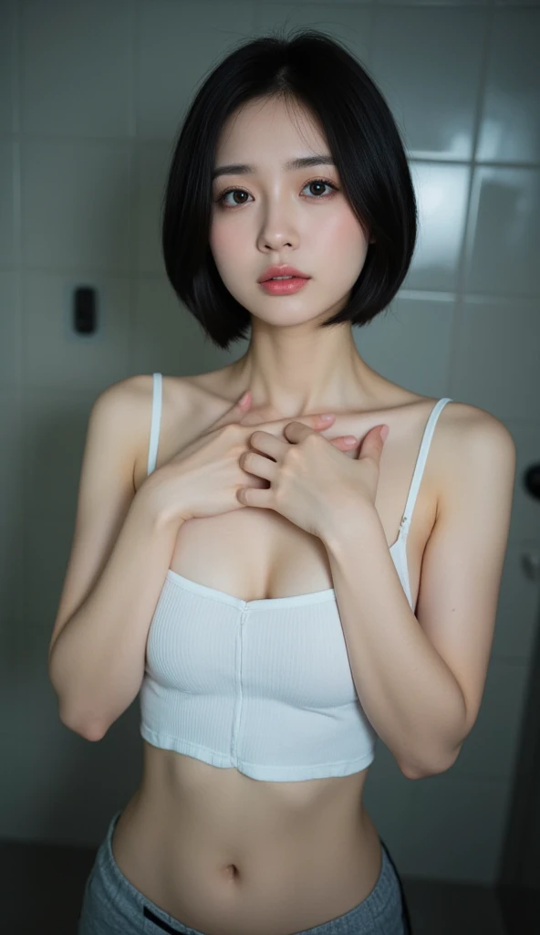 masterpiece, Highest quality, (Raw photo:1.3), Realistic, Upper body photo, Beautiful adult woman, Short black hair, A clean, symmetrical face, (White shirt, Small breasts:1.4), Intellectual, Neat and clean female teacher, classroom, blackboard