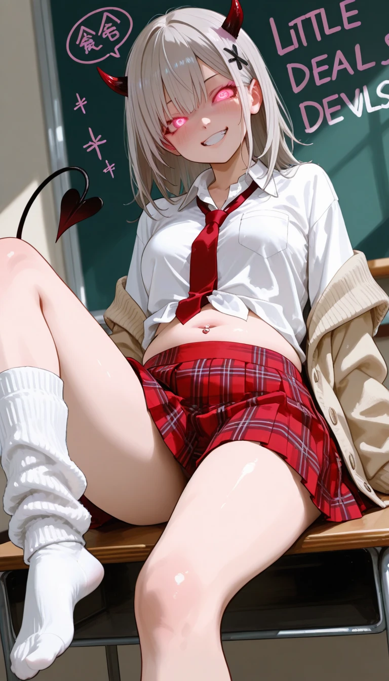 10 years Short, milky white hair，yellow  eyes，lovely expression，a shy expression， college top，Red fluffy skirt，blackstockings，naked navel and shoulders,  Lie down on the soft bed, medium breasts, ((hand on groin)), masturbating, (((open pussy))), ((inserting finger into vagina)) legs open up, legs propped up in the air，tilt your head，baki，Open your little mouth, ((sweat))
