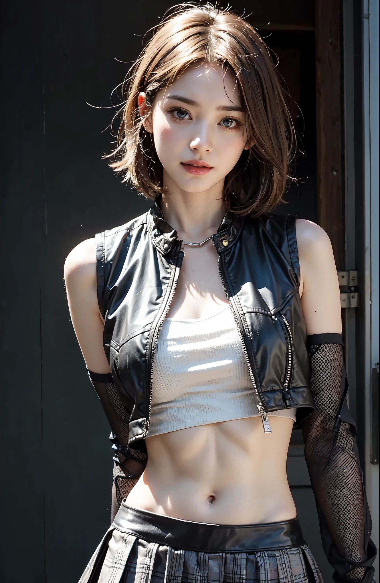 young woman with short silver hair and rainbow-colored highlights, punk style with a plaid pleated mini skirt, leather vest and fishnet sleeves, close-up upper body shot, high detail, realistic textures