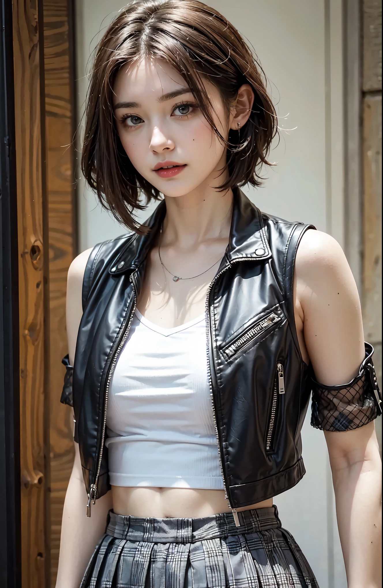 young woman with short silver hair and rainbow-colored highlights, punk style with a plaid pleated mini skirt, leather vest and fishnet sleeves, close-up upper body shot, high detail, realistic textures