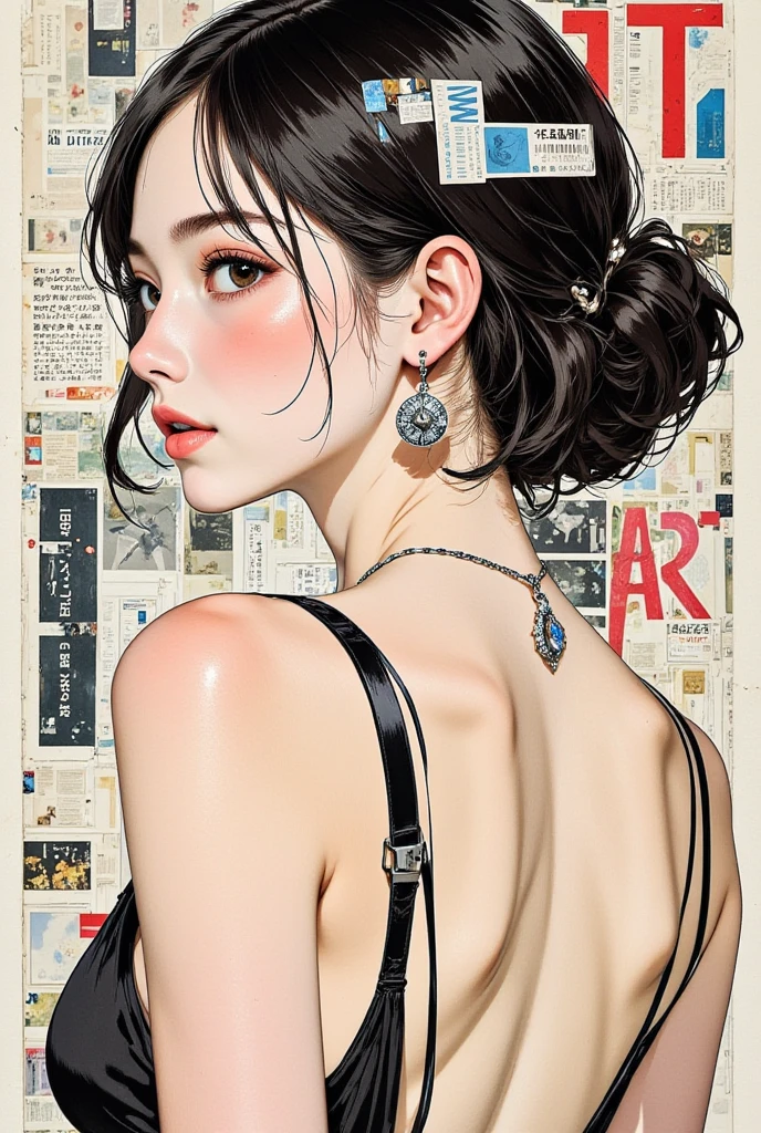 masterpiece of Collage art, cute Japanese Idol girl in profile, white skin,fit body,perfect face,flashy makeup, huge earrings, necklace, Waist shot, translucent dress, magazine clipping and advertisement, billboard, hair ornament composed of newspaper clippings, word “ART” made from magazine clippings, abstract Collage background