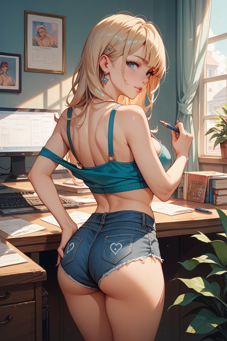 ((1 female)), solo, (long ginger hair with ponytail), Blue eyes,(fox ears:1.1),, ((office black lingerie)), (sexy skirt), ((almost naked:1.3)), (big breasts:1.2), busty, blush, (cum:1.3), (fullbody), lesbian, an all fours, (backview), nice butt, cute