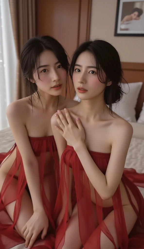 Beautiful woman, ((Mother and daughter:1.5)), ((My mother is 38 years old.:1.5)), ((Scared:1.5)), ((frightened:1.5)), (orgasm:1.5), ((mother has a flat chest:1.5)), ((My daughter is 18 years old:1.5)), Close in age, beautiful, I wear clothes, ((Mother has a very small mole on her left cheek:1.2)), ((Look into the viewer's eyes:1.5)), ((looking at viewer:1.5)), ((look into the viewer's eyes:1.5)), (top-quality, 16K, masterpiece:1.3), top quality, masterpiece, high resolution, photorealistic, (raw photo), live shooting, 16k wallpaper, perfection, professional lighting, very detailed, fine details, Hyperrealism, hyper realistic, realistic, japanese, (super detailed), (Photorealsitic:1.5), high-level image quality, very detailed, depth of field, (most beautiful), (dramatic lighting:1.2), (cinematic lighting:1.2), ambient lighting, (front lighting:1.2), highest precision, detailed fingers, detailed hands, detailed eyes, detailed skin texture, textured skin, realistic smooth soft skin, (perfect body proportion), (seductive emotion:1.3), (soft and plump thighs:1.2), (short torso:1.5), detailed face, detailed finger, clear eyes, gentle eyes, accurately drawn arms, accurate and perfect human anatomy, white and soft thighs, realistic smooth soft skin,