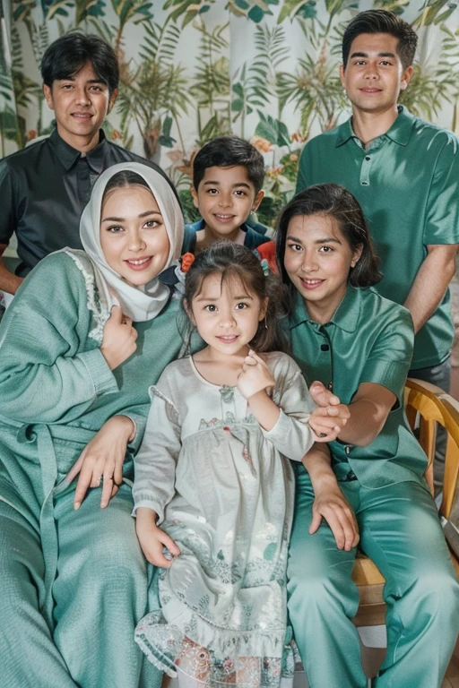 family studio photo of a smiling father wearing a cap, mother wearing neat clothes and a hijab, 7 year old boy wearing neat clothes smiling, 12 year old boy wearing neat clothes smiling