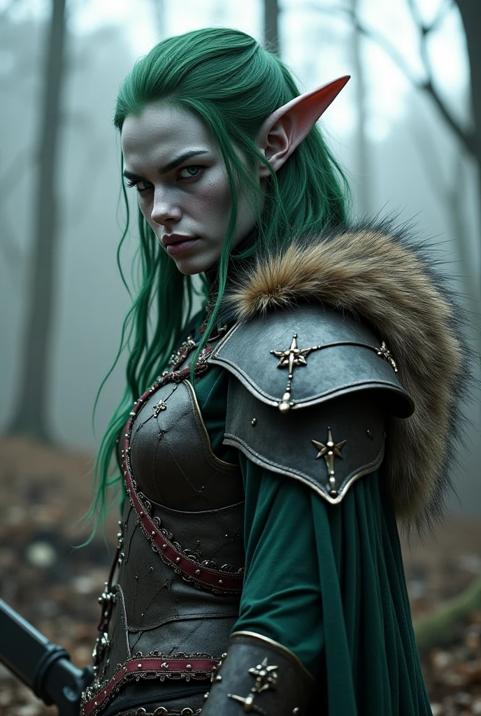 Upper body shot, a gray-skinned woman, a dark elf, pointed elf ears, gray skin, forest-green hair, closed mouth, ancient Nordic armor with a wolf fur cape, combat pose, dynamic pose, complex fantasy character, ????, cinematic lighting, fantasy, magic, detailed background, on a Nordic battlefield, best quality, HDR, 8k, photorealistic, RAW photo, highly detailed