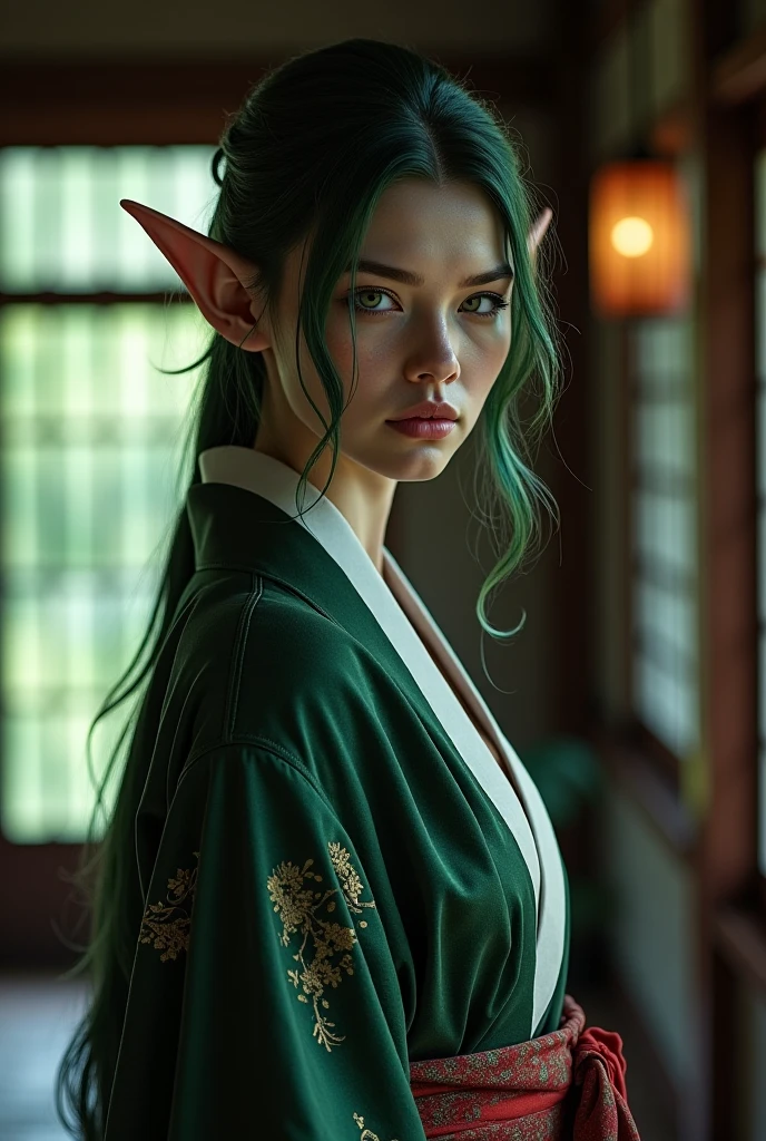 Upper body shot, a grey-skinned European woman, a dark elf, pointed elf ears, grey skin, forest-green hair, closed mouth, feudal Japanese kimono, dynamic pose, complex fantasy character, NSFW, cinematic lighting, fantasy, magic, detailed background, in a feudal Japanese house, best quality, HDR, 8k, photorealistic, RAW photo, highly detailed