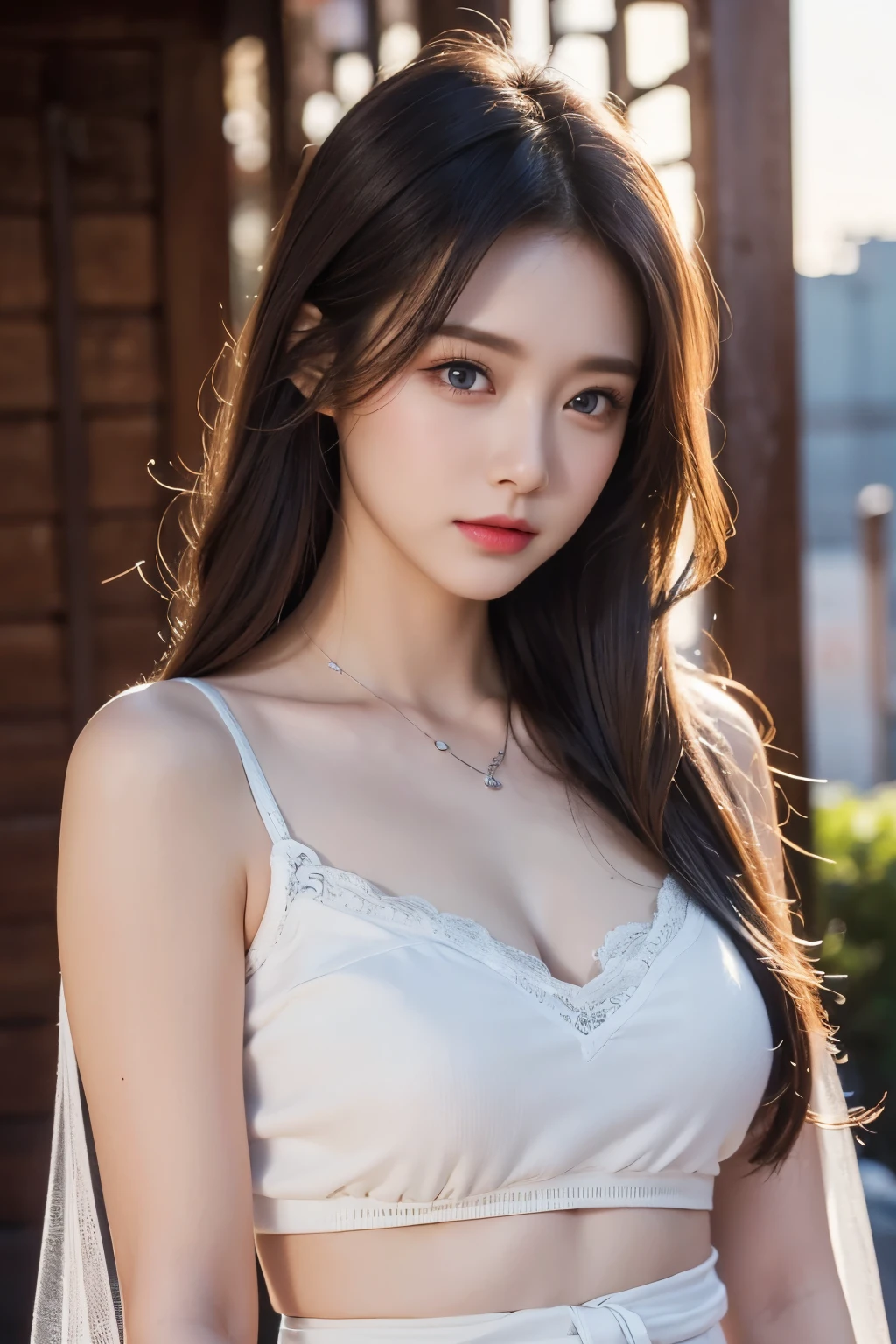 Breathtaking cinematic photo of a 22 year old girl with brown hair (slanted Asian blue eyes ), happy, cheerful expression, closed mouth, beautiful lips, intricate details, shallow depth of field, highly detailed, high budget, large melon bust, stewardess uniform, dress shirt, blue business skirt, pushup bra, epic Hollywood film, gorgeous, masterpiece, award-winning, professional, highly detailed, detailed skin texture, (blush: 0.5), (goosebumps: 0.5). (the most beautiful woman in the world) (brown hair) (long curly hair, wild hair, stylish cut) thin face, thin nose, beautiful, very beautiful, perfect face, slender body (slender), (brown hair) (brown eyes ) (white skin) Beautiful body, western Asian face, predatory eyes, pink lips, thick thighs. full body, western beauty, thin nose, beautiful, perfect, ((best quality)), ((ultra resolution)), ((photorealistic: 1.4)), (intricate details), perfect face, makeup: 1.5 , clear face, facial details. front view ,night city background