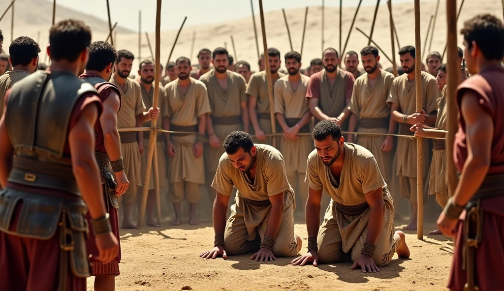 Strong, bearded Iranian men pray kneeling in their underwear and Islamic caps on their heads inside a plot of land and in the background, behind the wall, evangelical women in dresses pray standing up.. aerial view.