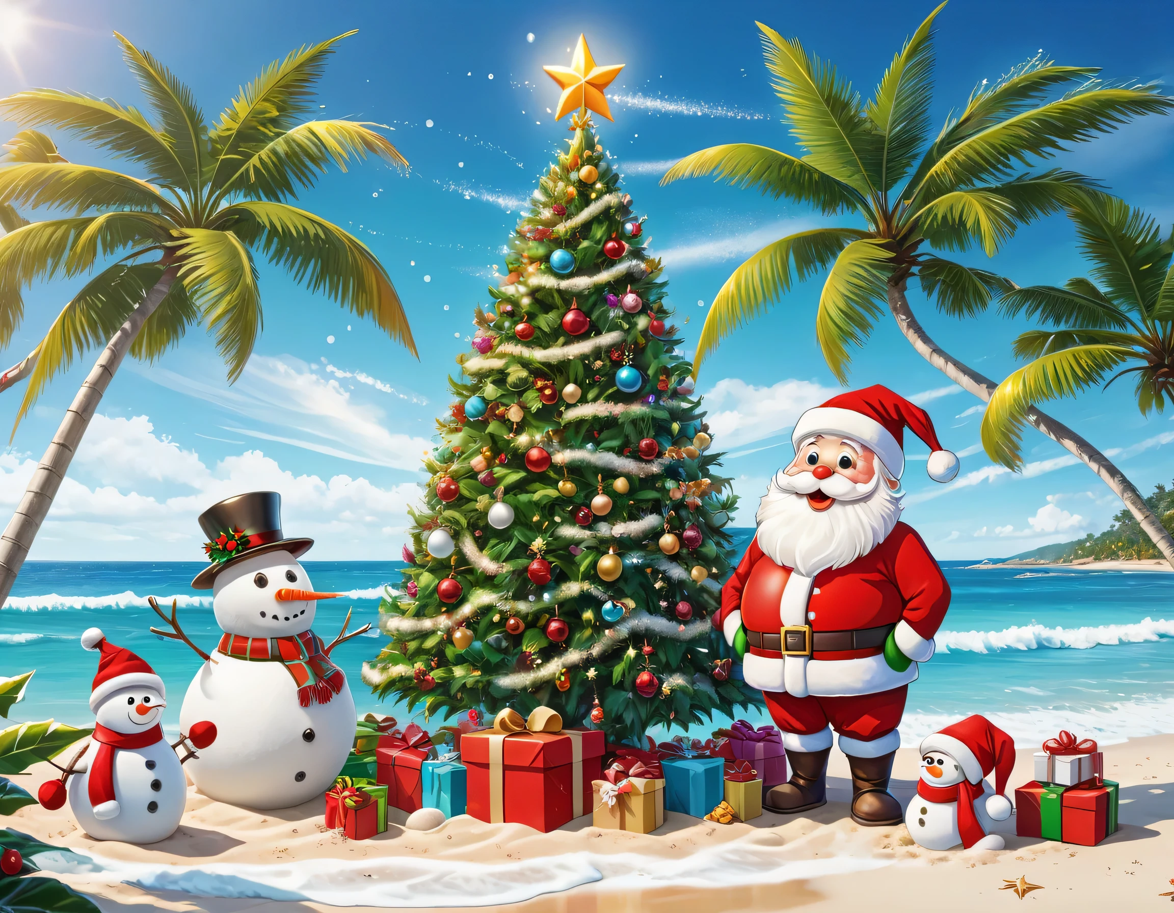 super high quality, 8k, RAW photo, realistic, detailed and delicate depiction and flashy and dynamic painting method, After distributing Christmas presents to children, Santa Claus gathers on a beach on a southern island and has a party, Decorating a Christmas tree on a palm tree, reindeer, sunshine