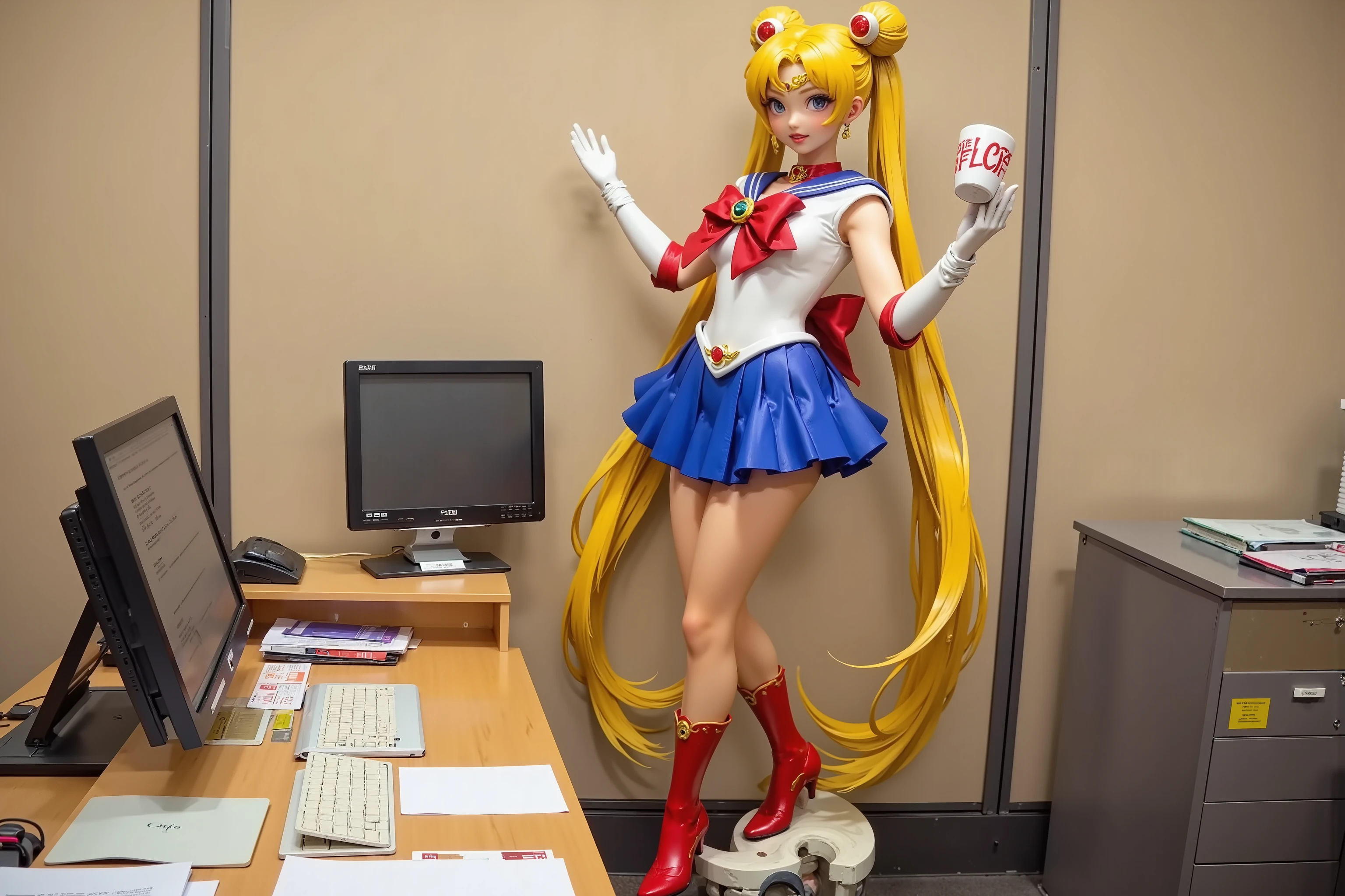 Create a highly detailed, absurdly impractical office accessory: "The Sailor Moon Monitor Stand Deluxe"
Visualize a life-sized Sailor Moon figure (5'2"/157cm tall) in an enthusiastic, dynamic pose serving as a monitor stand. The character stands with one leg slightly forward, arms outstretched in her iconic pose, wearing her complete sailor uniform with pleated blue skirt, red bow, tiara, and blonde hair styled in her signature odango buns with long streaming pigtails that dramatically extend behind her.
The design's impracticality comes from its central feature: a computer monitor emerging directly from her chest/torso area, where the front of her sailor uniform has been replaced by a flat mounting bracket. The screen appears to burst forth from her body in a surreal, workspace-inappropriate manner.
Her right hand is modified into a functional coffee mug holder, with fingers curled around a novelty crescent moon-shaped ceramic mug that reads "In the name of productivity, I will caffeinate you!"
The figure stands on an oversized crescent moon base that barely fits on a standard office desk, forcing keyboards, documents and other office supplies to precariously balance on the edges. Small LED lights are embedded throughout her costume, particularly in her tiara and the jewels on her uniform.
From behind, visible cable management is handled through her pigtails, which have been hollowed out to serve as decorative cable conduits.
The overall effect should be simultaneously adorable and deeply disturbing - a whimsical hood icon transformed into an ergonomic nightmare that would immediately violate workplace professionalism standards while consuming maximum desk space.
Style: Photorealistic product photography against a standard beige cubicle background to emphasize the jarring contrast between corporate blandness and magical girl enthusiasm.