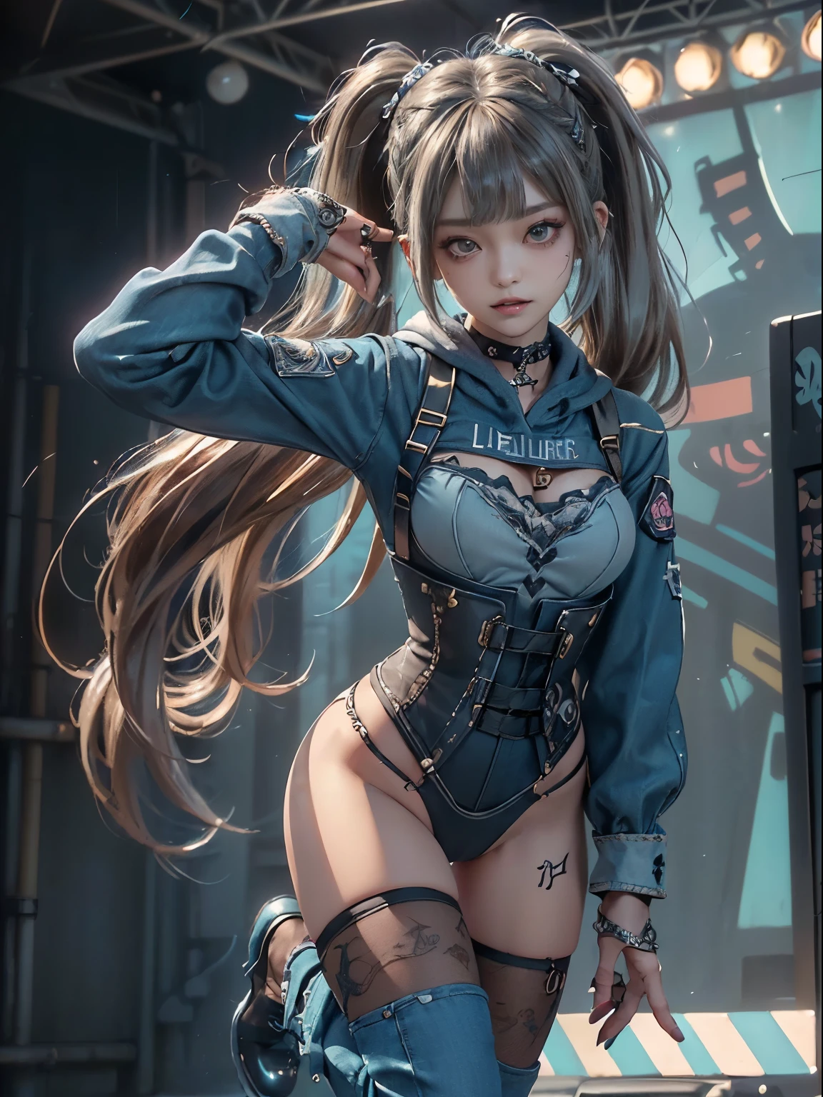 (full body view:1.2)、(Full body:1.how your teeth and laugh:1.3),(Shibuya Gal:1.lender Whores:1.5)、(Neo-goth fashion:1.5)、( punk rock visual:1.5)、(hoodie adorned with delicate accessories in denim and black and navy:1.5)、(Delicately designed corset in denim and navy color :1.4)、( Tattered Turquoise and Dark Grey Denim Bodysuit :1.5)、(headband:1.3)、(Denim and charcoal knee socks:1.4)、Embellished denim collar and long boots、(I am offering beautiful underwear decorated with silver accessories:1.4)、(long lashes:1.3)、(20 years old)、((top quality、8K、masterpiece:1.3))、1 Rim Abs Beauty:1.3、(hairstyle casual、beautiful with oil:1.1)、(acrobatic pose:1.3)、dress:1.uper small face、Narrow eyes、double eyelids in the bath、with a grinning smile、Full Body Esthian、dynamic angle、close-up、CPL Filter、blurry background、bokeh、blue hour、Detailed face and skin texture、detailed eyes、,(twin tails:1.3)、(Brown-golden hair:1.3)、gravure idol、(background is a glamorous fashion show stage:1.3)、(Make your legs thinner:1.lim body:1.3)、(clavicle:1.1)