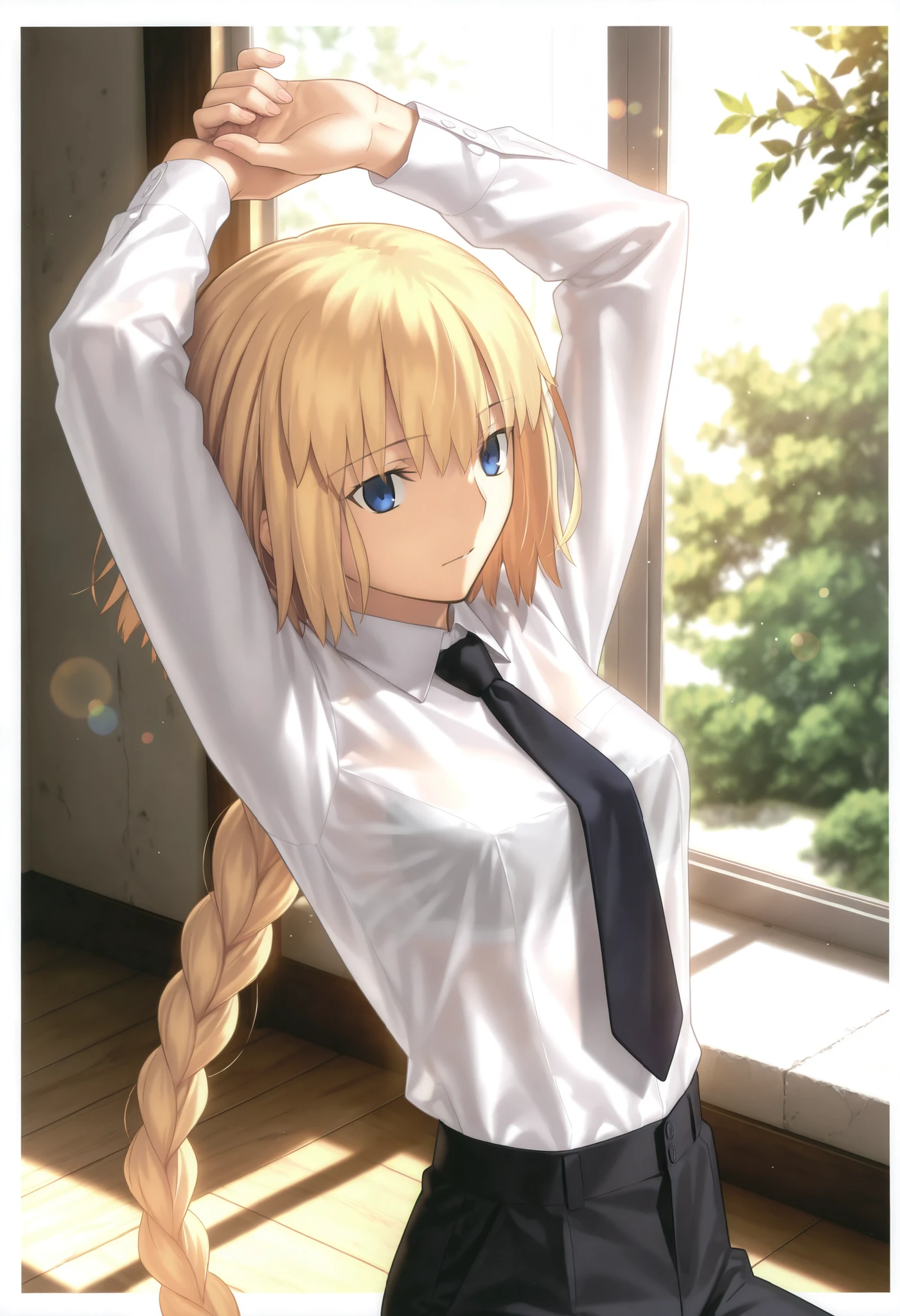masterpiece, , absurdres, highres, detailed background, high resolution, masterpiece, necessary, detail, best quality, quality, necessary, details, High details, Precise, indoors, (dappled sunlight), day, lens flare, blurry background, ((from above)), upper body, , solo, ,
1girl, , Takeuchi Takashi (type-moon,tsukihime) style, takeuchi takashi style, ((Stretching, Reaching out and stretching, arms up)), ((Napping)), (((eyelids half closed ))), (sitting) , ,
tall girl, mature, jeanne d arc, \(fgo\), blue eyes, , jeanne d arc, blonde hair, medium hair, ( floating hair ), (open white dress shirt), black necktie, ,big braid, single braid, small breasts, underwear, looking at viewer, pale bra ,light see-through, concrete, pants , ,