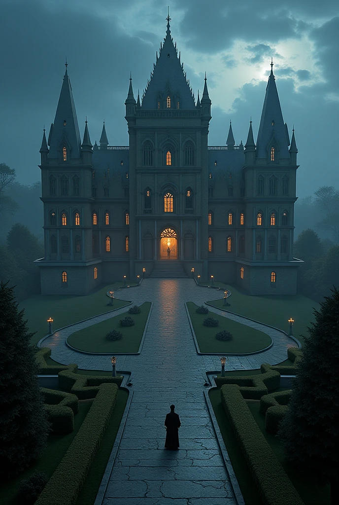 A Middle age century big palace with lord of the mysteries vibe from the upper camera view in night