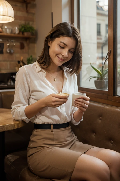 (best quality,highres,ultra-detailed),portrait,Latina woman in her 30s,long blonde hair,honey-colored eyes,smiling,dressed in jeans,holding a cup of coffee,sitting at a table,upscale coffee shop,soft natural lighting,wooden interiors,hanging plants,modern decor,vibrant colors,Americano coffee,frothy milk foam on top,steam rising from the cup,curling tendrils of steam,cozy atmosphere,comfortable seating,relaxing ambience,coffee brewing equipment on the counter,barista preparing coffee,display of freshly baked pastries,aroma of freshly ground coffee beans,faint background chatter of conversations,faint instrumental music playing in the background,crisp air conditioning,clear glass windows,people walking by outside,evoking a sense of warmth and comfort,a moment of tranquility and enjoyment in her day.