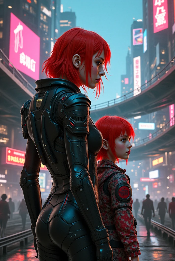 Young redheaded woman with her daughter Misdressed cyberpunk version 