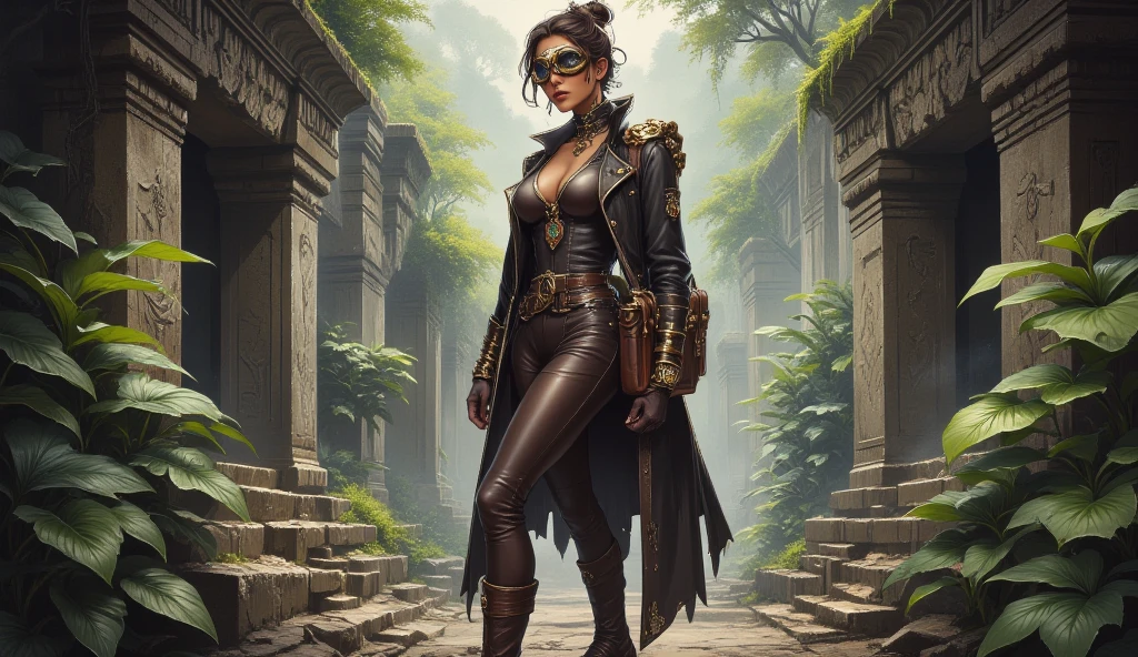 In the heart of a lush jungle, where the air is thick with humidity and the sounds of exotic wildlife echo through the trees, a fearless steampunk adventurer navigates the remnants of an ancient civilization. She is dressed in form-fitting leather pants that allow for ease of movement as she climbs over crumbling stone and tangled vines. The rich, dark leather is both durable and stylish, perfectly suited for her daring exploits. Her tanned skin glistens with a sheen of sweat, a testament to her relentless pursuit of adventure. She wears a fitted, short-sleeved shirt made of breathable fabric, its earthy tones blending seamlessly with the jungle surroundings. Over her shirt, she sports a long, weathered coat, its edges frayed from countless journeys. The coat is adorned with brass buckles and pockets filled with tools, maps, and other essentials for her explorations. Her sturdy, knee-high leather boots are equipped with reinforced soles, ideal for traversing the uneven terrain of the ruins. A pair of vintage goggles rests on her forehead, ready to protect her eyes from the dust and debris as she uncovers the secrets of the past. Around her neck, a brass pendant shaped like a compass dangles, symbolizing her unyielding sense of direction and adventure. A leather satchel hangs at her side, filled with artifacts and treasures she has collected along her journey. As she stands amidst the towering stone structures, vines creeping over the ancient carvings, her confident stance and determined gaze reveal a woman who thrives in the face of danger, ready to uncover the mysteries hidden within the jungle's depths.