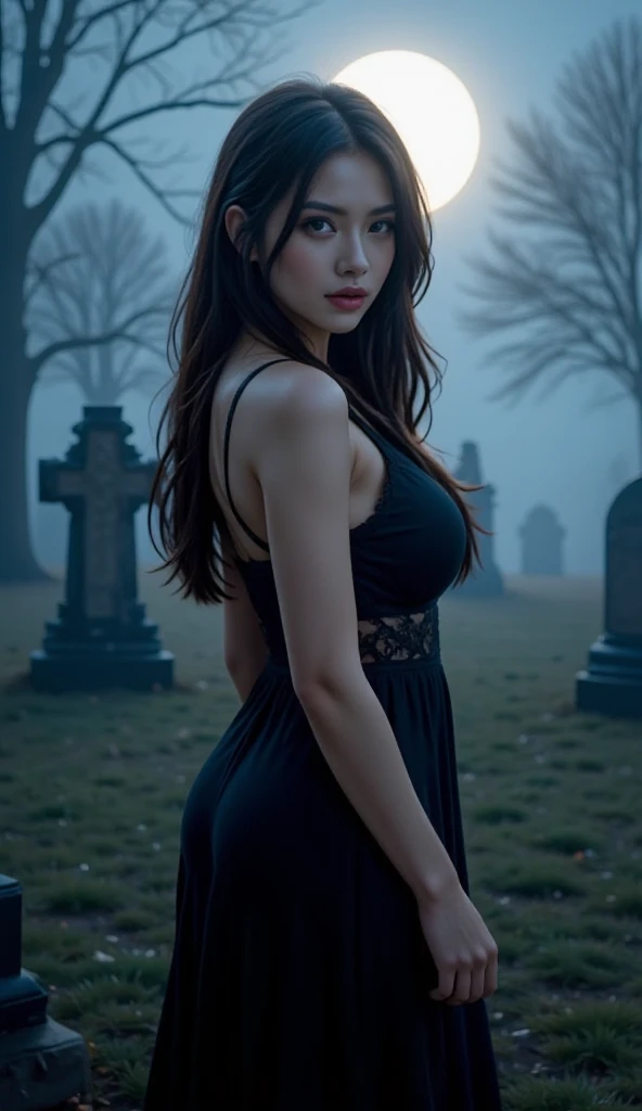 realista, 1Menina, cabelo preto, - Olhos Violeta, olho sombrios, Cabelo Ondulado Longo, jaqueta de couro, fantasia, Cemetery at night in the background, Serious expression, mid breasts, Crescer, sardas em todo corpo, boca fechada