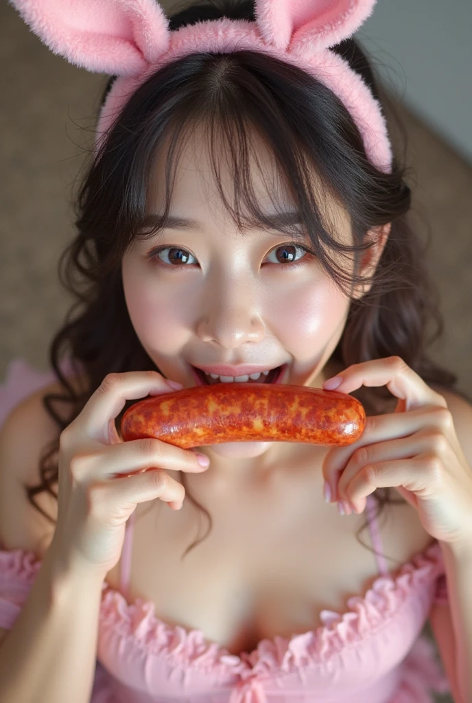 (Realistic, photo-Realistic:1.4), (masterpiece, Highest quality:1.2), RAW Photos, High resolution, Intricate details, Very detailed, Realistic and sharp details, Cinema Lighting, Portraiture, alone, One girl, 27 year old Japanese female idol, (Eat giant sausages, Shoving a long sausage deep in your mouth:1.4), Black Hair, (Straight hair, Blunt bangs:1.2), (Detailed face, Beautiful attention to detail, Refined nose), Pale skin, clavicle, (Small breasts, Flat Chest), (Seductive lingerie, Small bra, Small string, Thin straps, No sleeve), Photo Background, indoor,
