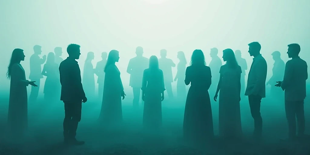 un groupe d'hommes et de femmes, en mode silhouettes turquoises sur fond gris, format 16:9