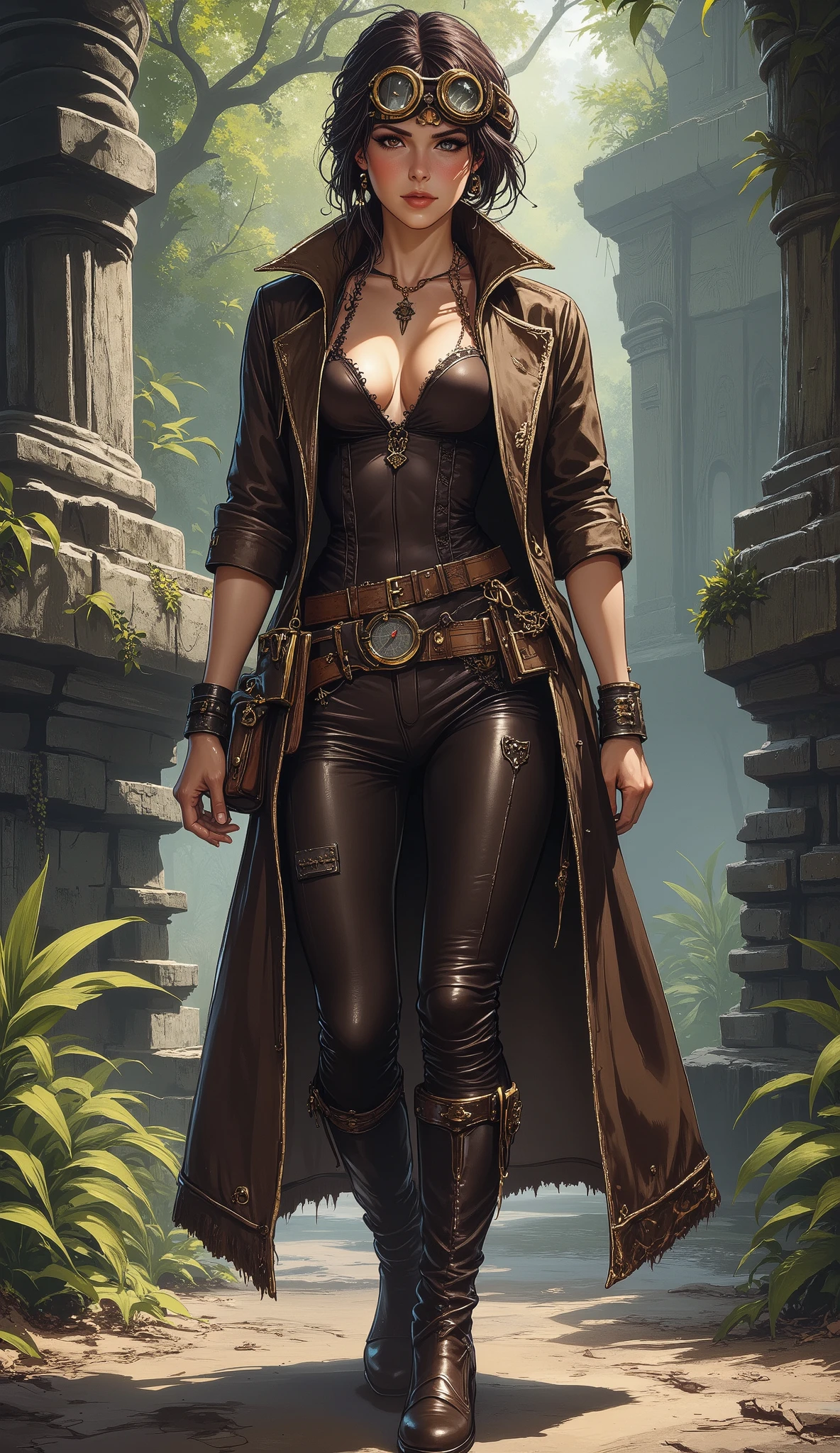 In the heart of a lush jungle, where the air is thick with humidity and the sounds of exotic wildlife echo through the trees, a fearless steampunk adventurer navigates the remnants of an ancient civilization. She is dressed in form-fitting leather pants that allow for ease of movement as she climbs over crumbling stone and tangled vines. The rich, dark leather is both durable and stylish, perfectly suited for her daring exploits. Her tanned skin glistens with a sheen of sweat, a testament to her relentless pursuit of adventure. She wears a fitted, short-sleeved shirt made of breathable fabric, its earthy tones blending seamlessly with the jungle surroundings. Over her shirt, she sports a long, weathered coat, its edges frayed from countless journeys. The coat is adorned with brass buckles and pockets filled with tools, maps, and other essentials for her explorations. Her sturdy, knee-high leather boots are equipped with reinforced soles, ideal for traversing the uneven terrain of the ruins. A pair of vintage goggles rests on her forehead, ready to protect her eyes from the dust and debris as she uncovers the secrets of the past. Around her neck, a brass pendant shaped like a compass dangles, symbolizing her unyielding sense of direction and adventure. A leather satchel hangs at her side, filled with artifacts and treasures she has collected along her journey. As she stands amidst the towering stone structures, vines creeping over the ancient carvings, her confident stance and determined gaze reveal a woman who thrives in the face of danger, ready to uncover the mysteries hidden within the jungle's depths.