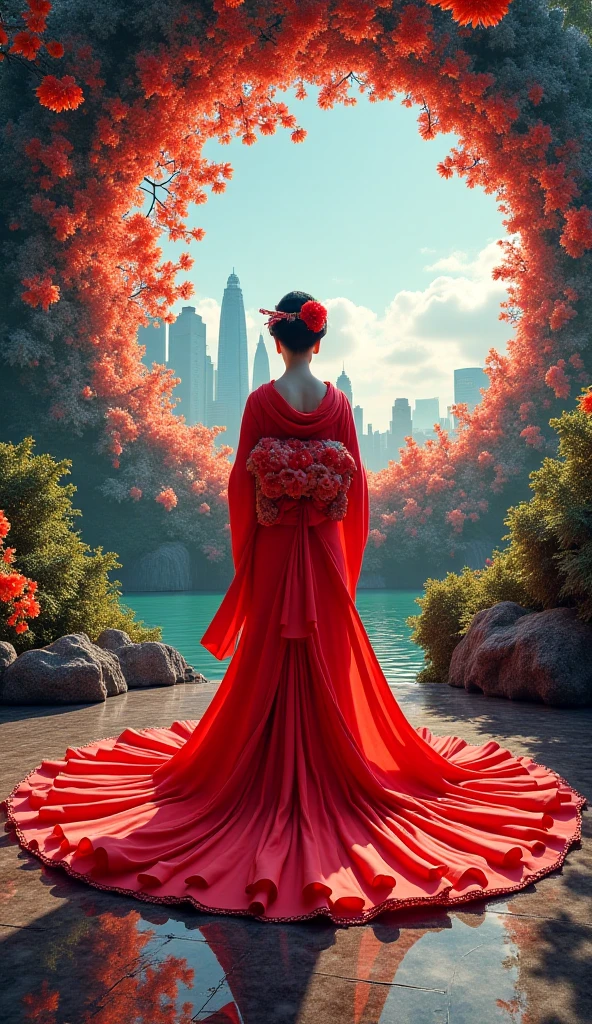 creates a hypnotic effect through a mesmerizing and fantastic fractal spiral. The repetitive and recursive technique forms a mesmerizing visual vortex, like a dance of colors etched into the canvas, creating an endless illusion that reflects itself. At the center of the composition, a Japanese Geisha in a neon red dress, her body artistically splits to reveal a stunning landscape of nature and the city. The split photography technique and 3D rendering create a stunning three-dimensional illusion, as if the world is folding and unfolding before the eyes. This fractal spiral becomes a powerful metaphor for the cycle of life and the mystery of existence. The splitting of the Geisha's body symbolically represents the duality of reality and imagination, nature and the city, and the mystery hidden behind the outer appearance.