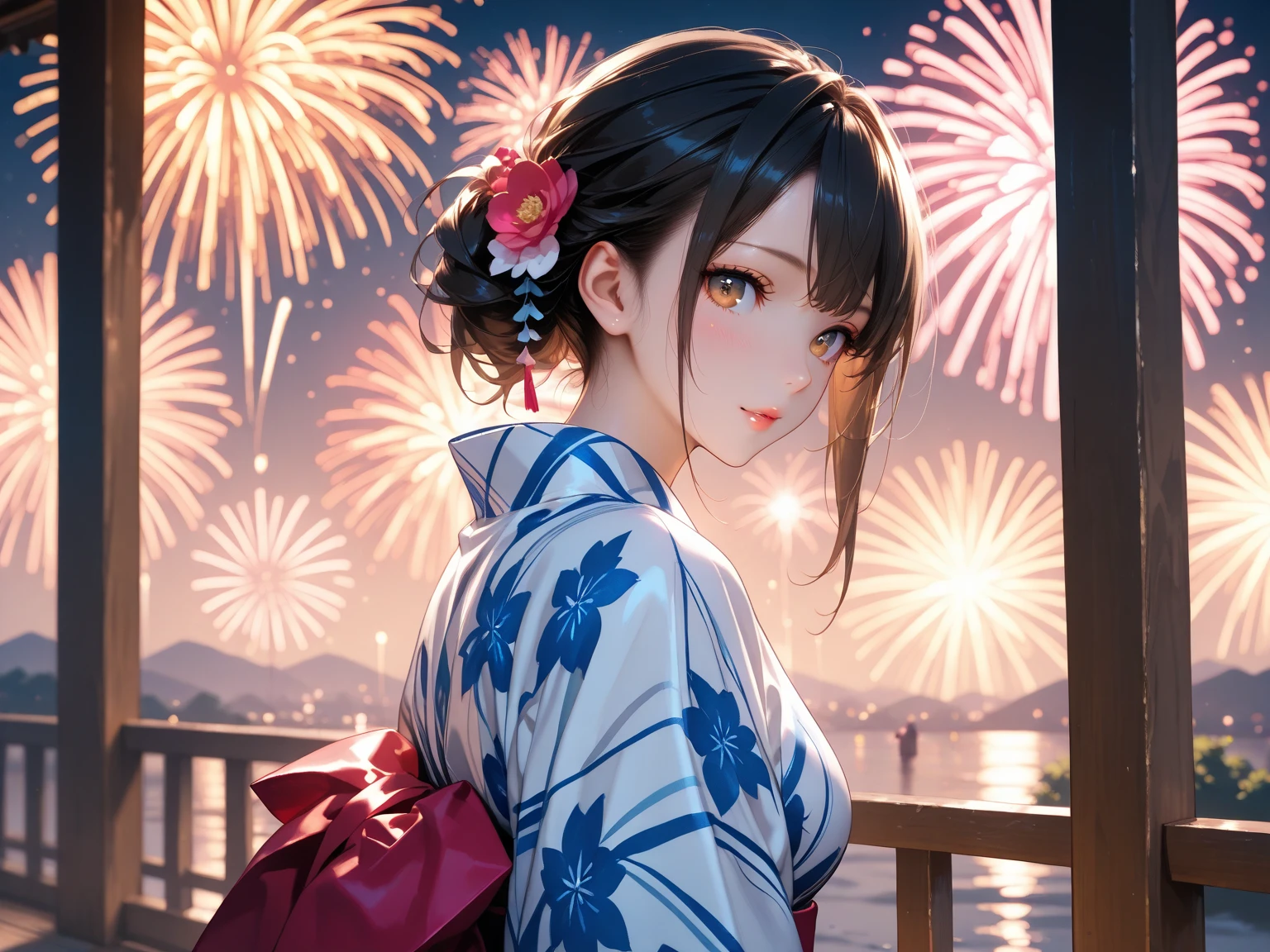 (Highest quality),( Top Quality),( artistic  ),　japanese beauty,  yukata,  fireworks,  