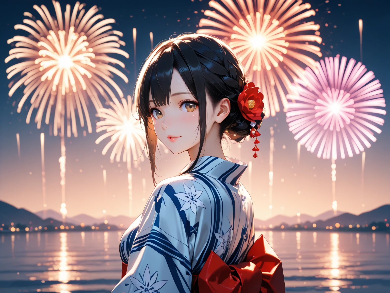 (Highest quality),( Top Quality),( artistic  ),　japanese beauty,  yukata,  fireworks,  