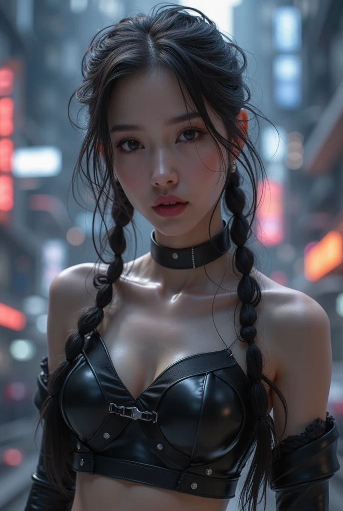 asian girl, full body, pretty, dimples, cheeks, black hair, twin breads, pony, black latex top, collar,  background cyberpunk city high Quality photorealistic  